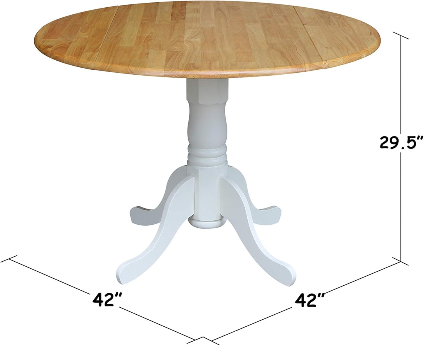 42" Round Dual Drop Leaf Pedestal Dining Table, Solid Wood, Easy Assembly, 20mm Top Thickness, Kitchen/Dining Room, Includes Two 9" Drop Leaves, Durable Parawood Construction, Unfinished