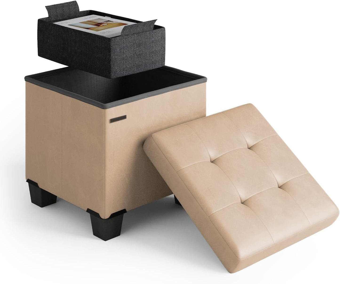 STORAGEBUD Storage Ottoman Cube with Small Bin, 16-in Square Ottoman with Storage for Living Room and Bedroom, Small Ottomans Foot Rest, Faux Leather Foot Stools Ottomans Max 330lbs, Taupe