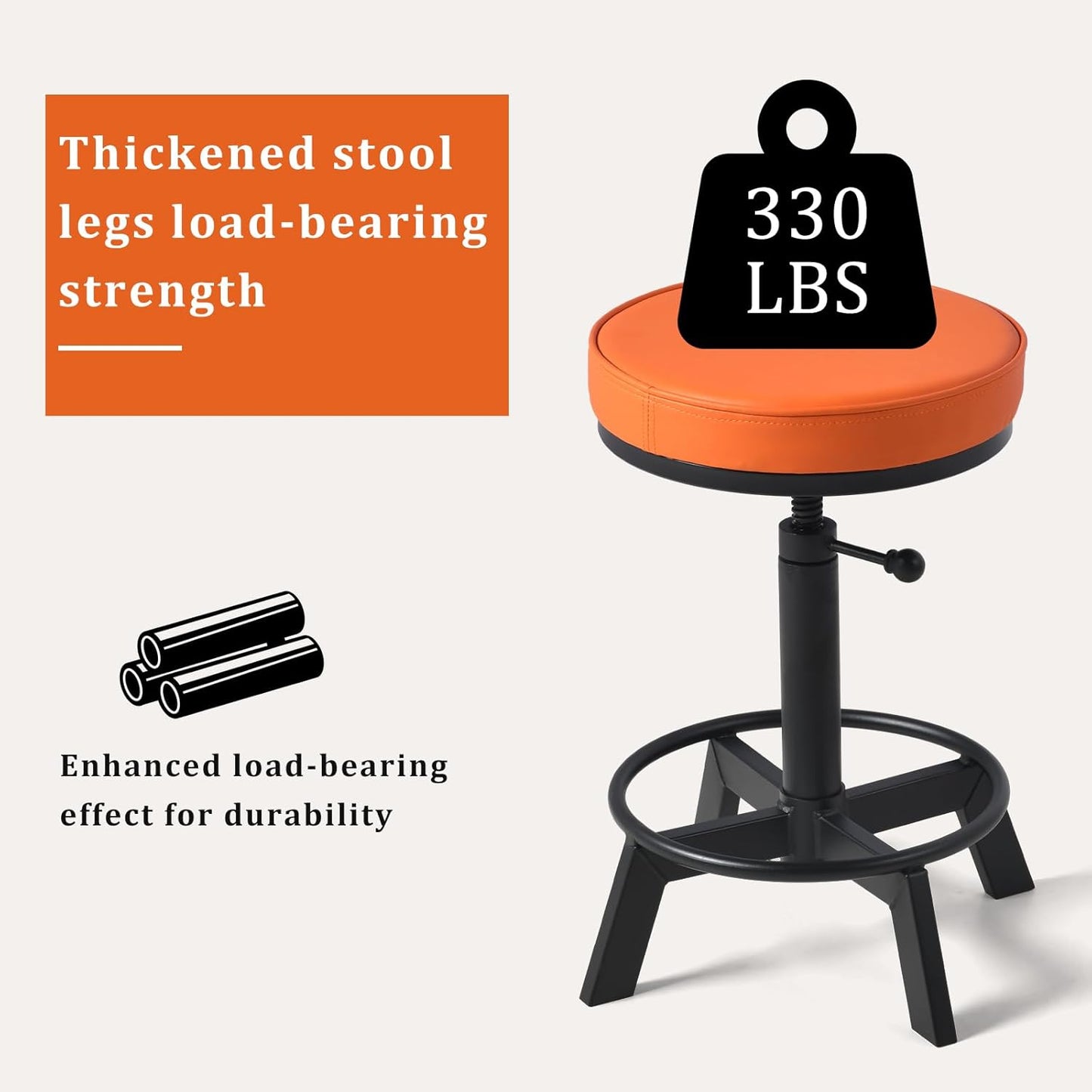 Vintage Short Bar Stools Industrial Swivel Counter Stools 17-24inch Height Adjustable Rustic Leather PU Seat Chairs for Kitchen Island Extra Seat Beside Sofa (Bright Orange)