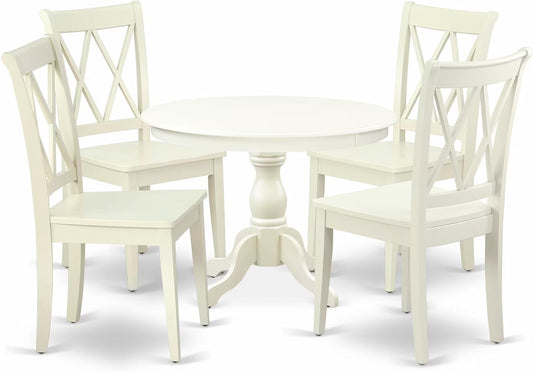 East West Furniture HBCL5-LWH-W 5 Piece Dining Set Includes a Round Dining Room Table with Pedestal and 4 Kitchen Chairs, 42x42 Inch, Linen White