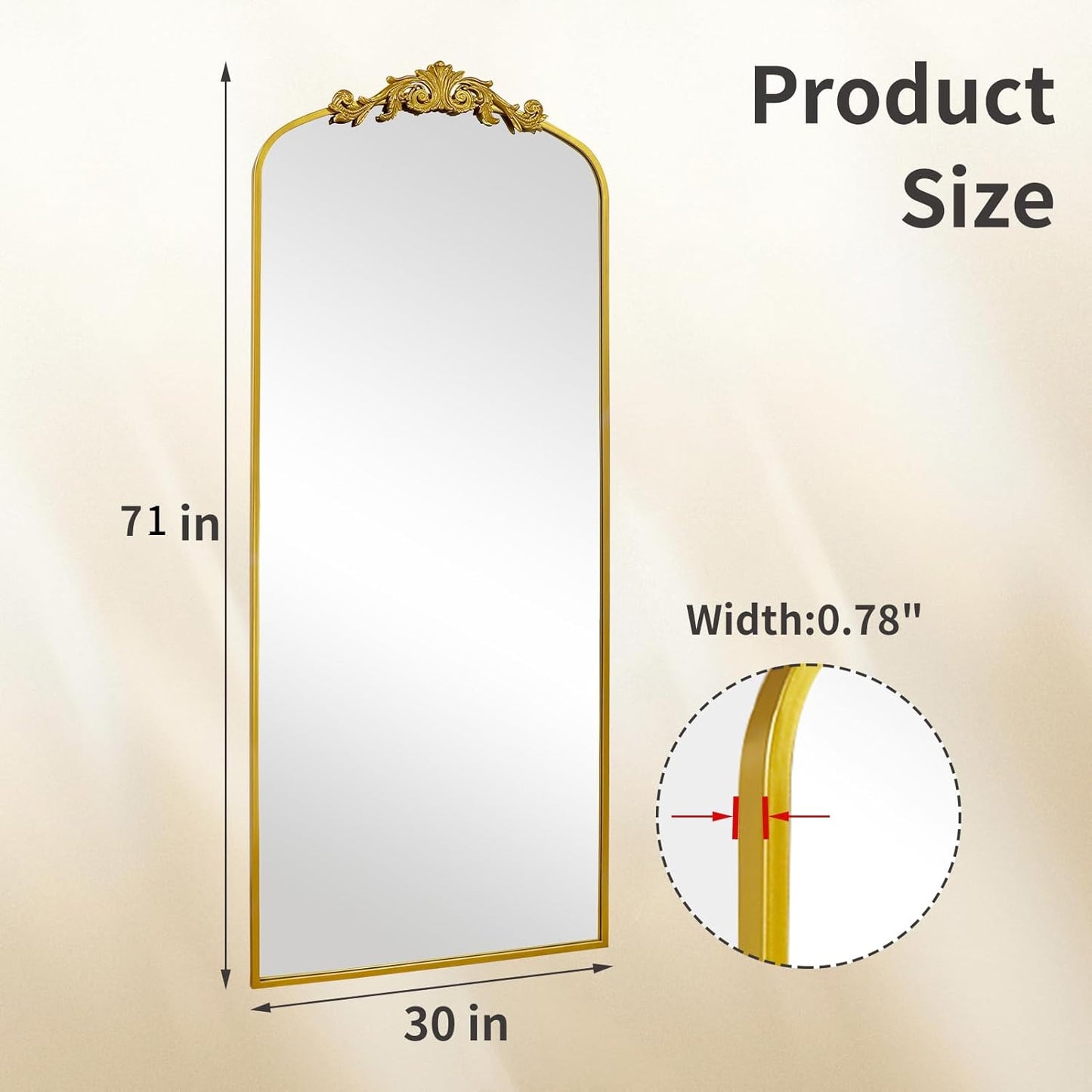 AIXI HOME Antique Gold Arched Full Length Mirror, 71"x30" Floor Vintage Mirror with Ornate Frame, Baroque Inspired Home Decor for Livingroom Bedroom Entryway