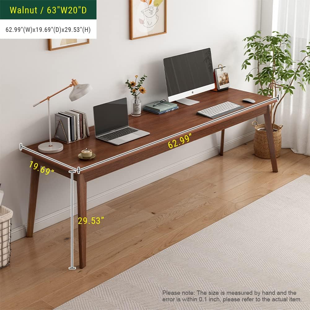 Mid-Century Long Desk Table - 63" Simple Modern Extra Long 2-Person Wood Computer Workstation for Home Office Work in Walnut, 63" W x 20" D