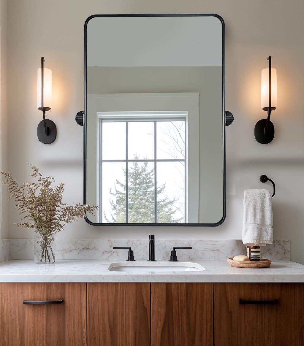 ANDY STAR Pivot Bathroom Mirror, 24 x 36 Inch Black Tilting Mirror for Bathroom with Rounded Corner Tube Metal Frame Design, Black Vanity Rectangle Mirror for Wall, Hangs Vertically Farmhouse Style