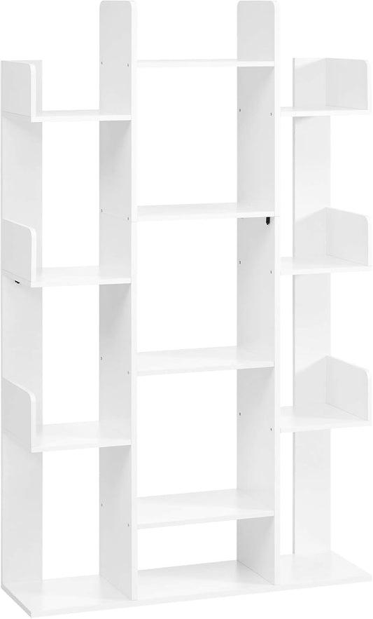 VASAGLE Bookshelf, Tree-Shaped Bookcase with 13 Storage Shelves, Rounded Corners, 9.8”D x 33.9”W x 55.1”H, White ULBC067W01