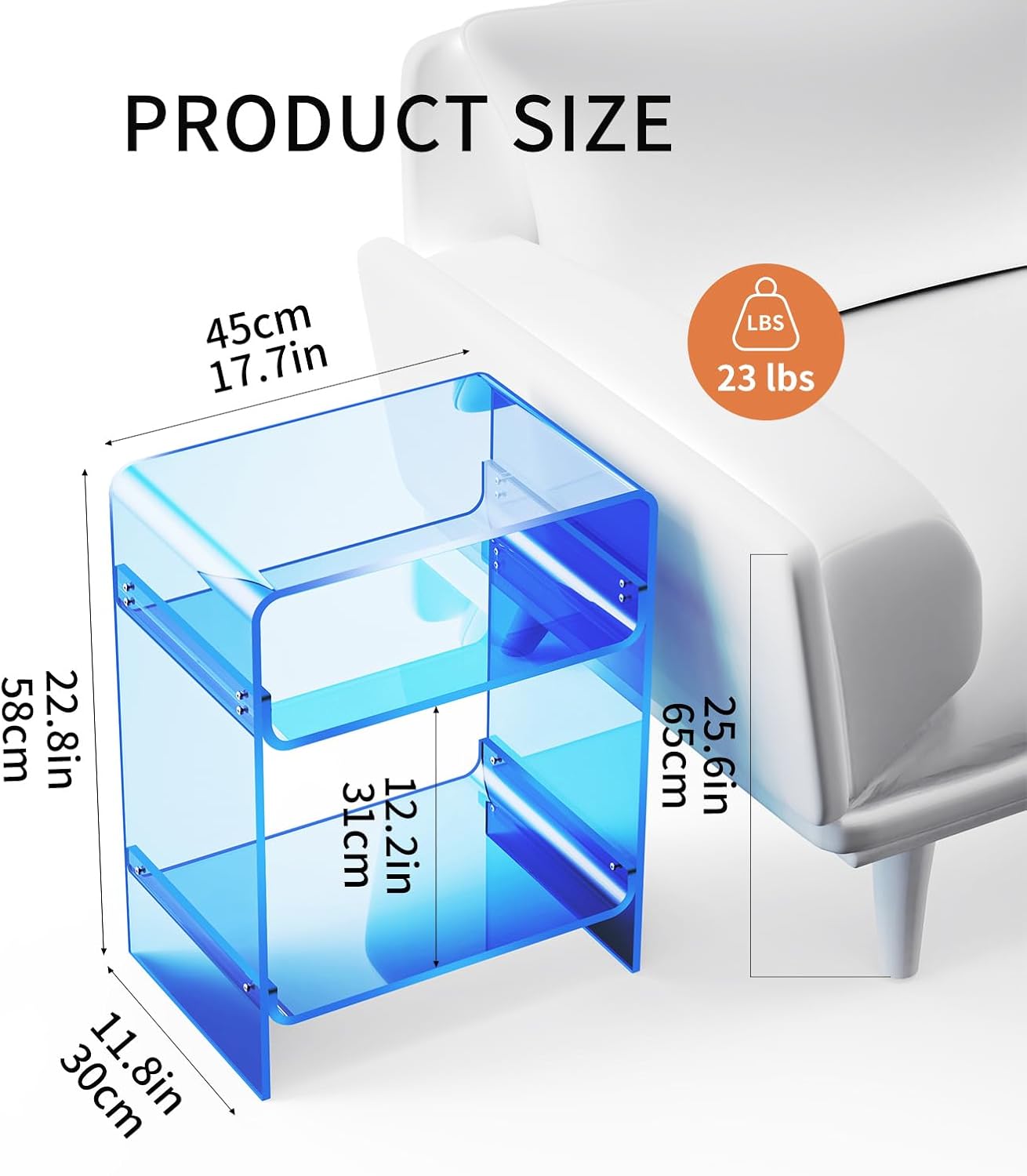 Acrylic Record Player Table with Storage Shelf, Clear Side Table Nightstand (Blue)