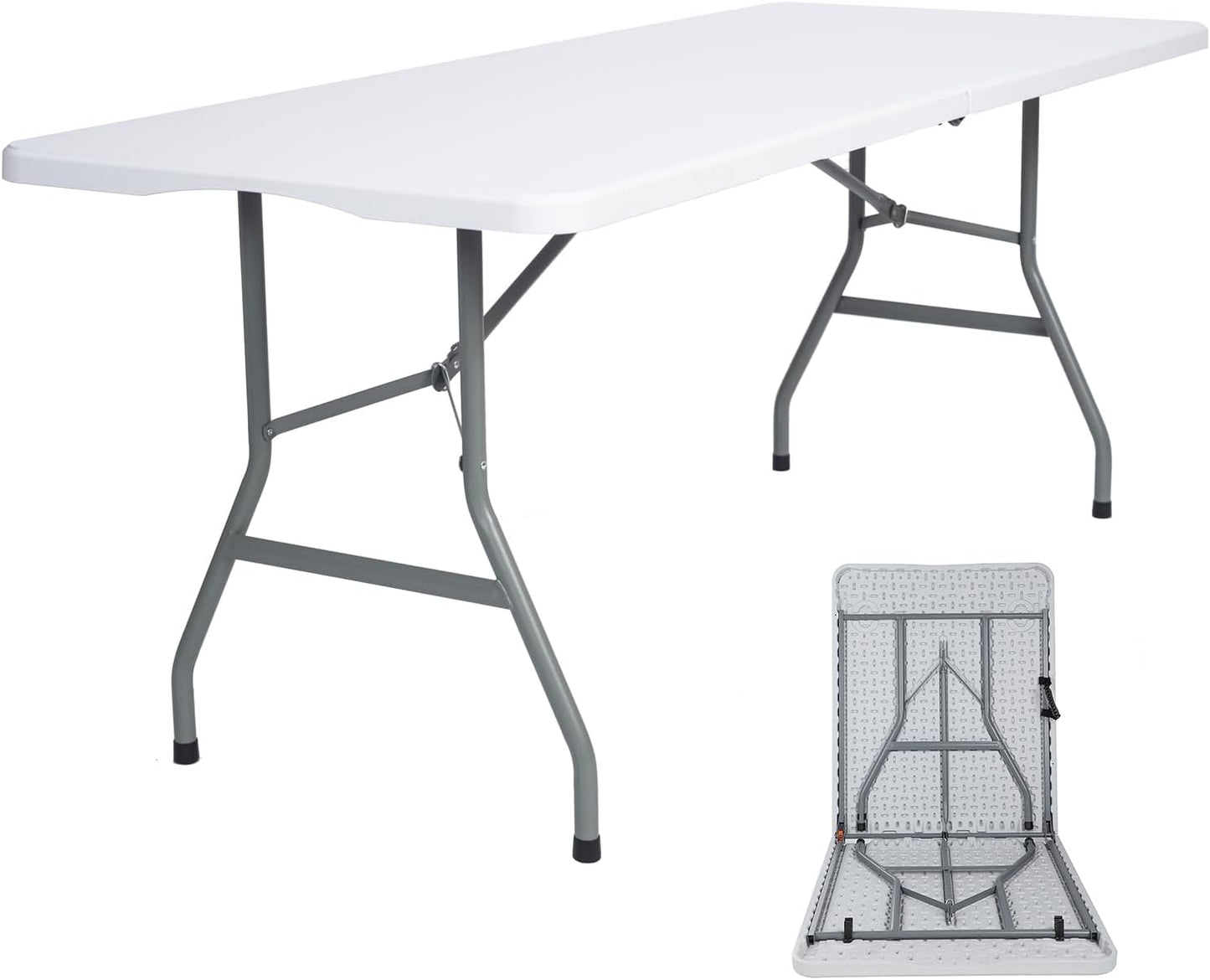 Folding Table 6ft Plastic Folding Table Indoor & Outdoor for Picnic, Camping,BBQ and Party, with Powder Coated Steel Legs and Built in Carry Handle, White