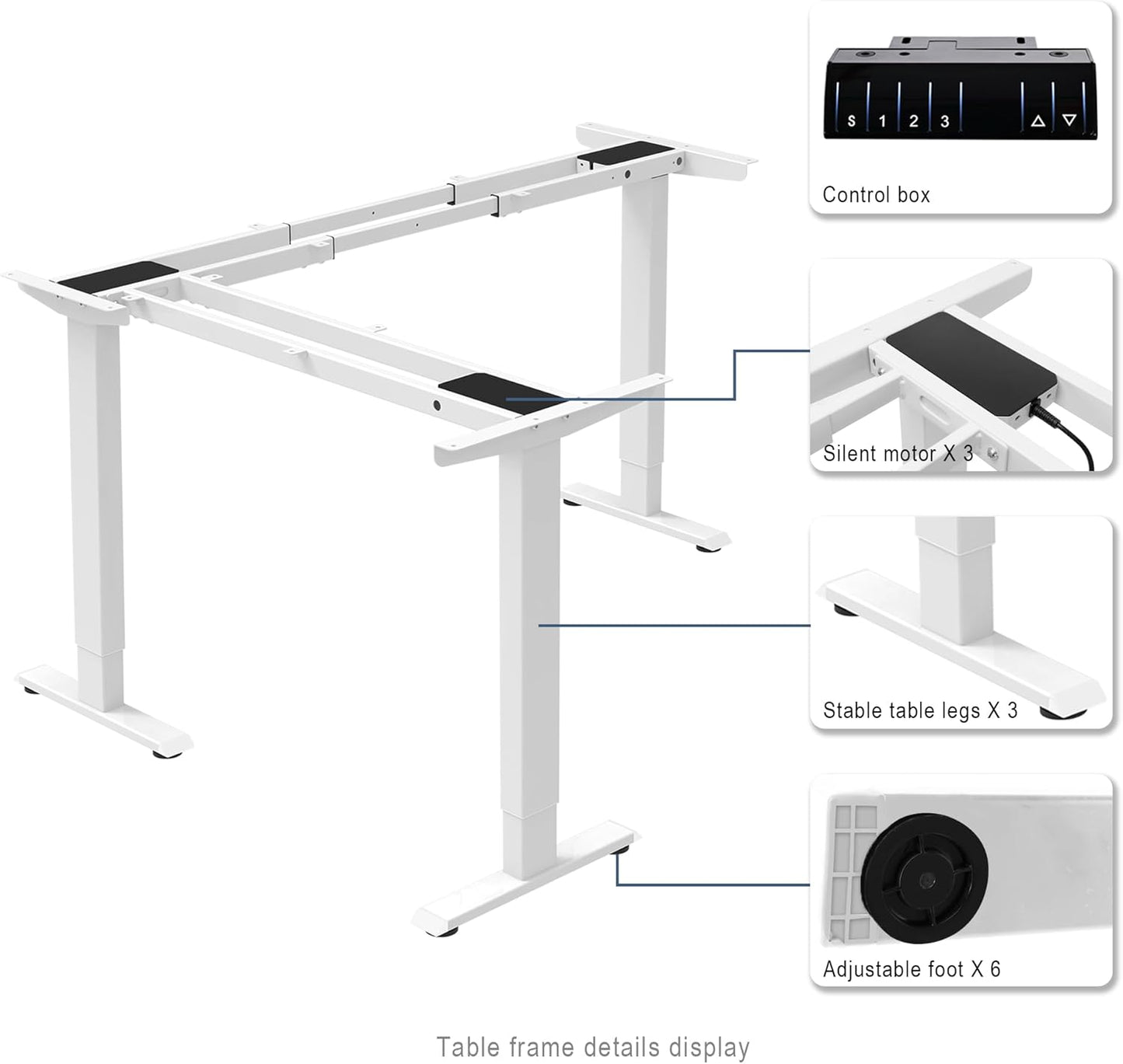 Fromann Adjustable 3 Legs Standing Desk Frame Base Electric Corner Sit-Stand Desk for Home and Office (White)