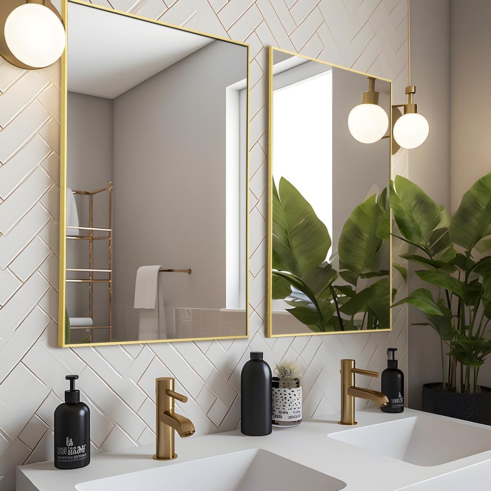 Bathroom Mirror 24"x36", Gold Vanity Mirror with Brushed Metal Frame & Tempered Glass, Rectangle Wall Mirror Mounted, Rust-Resistant for Bedroom, Entryway and Living Room Decor