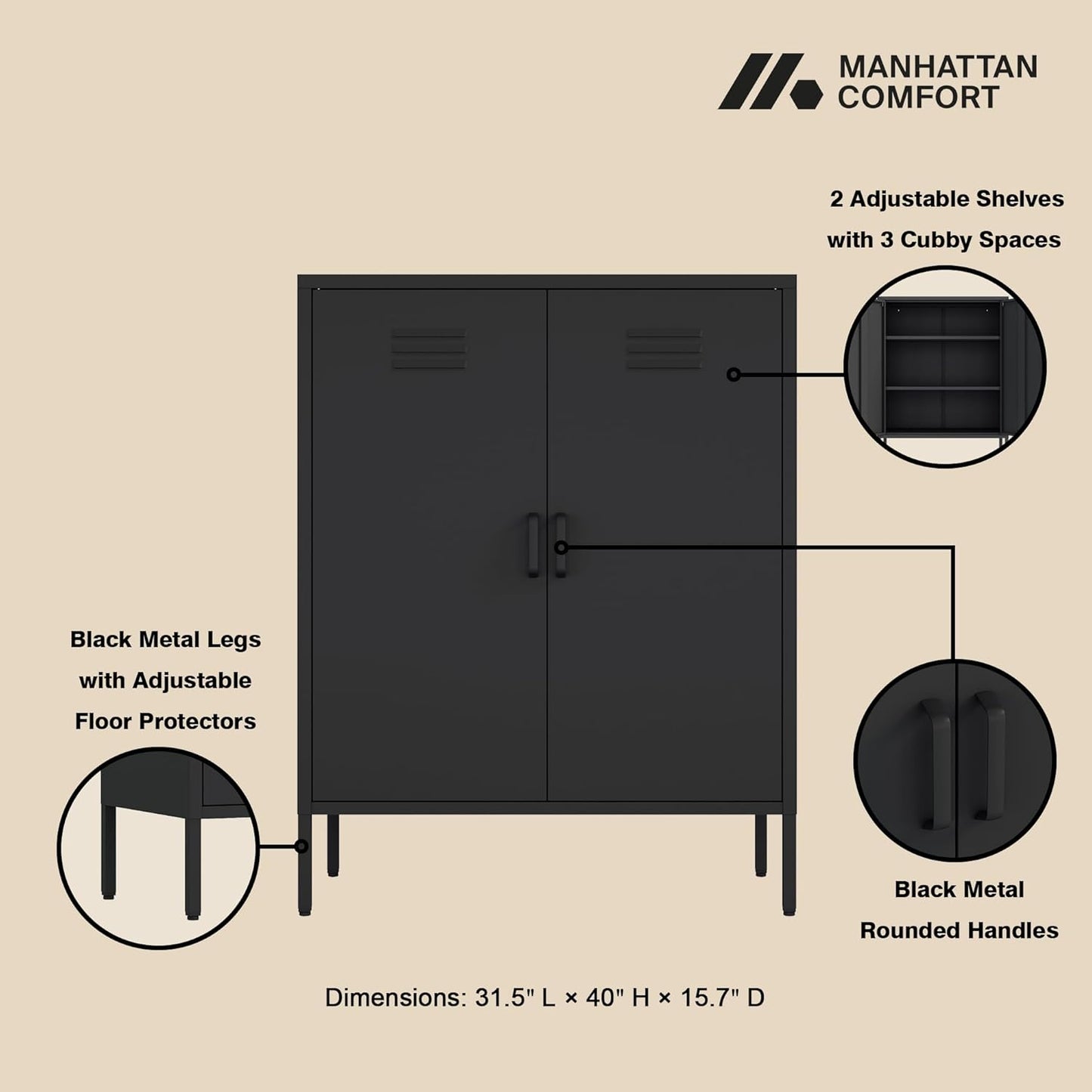 Manhattan Comfort Naomi Modern Metal Accent Cabinet, Minimalist Storage Cabinet with Doors & Adjustable Shelves, Vented Doors, Sturdy Steel Build, Versatile & Multi-Purpose Home Furniture, Black
