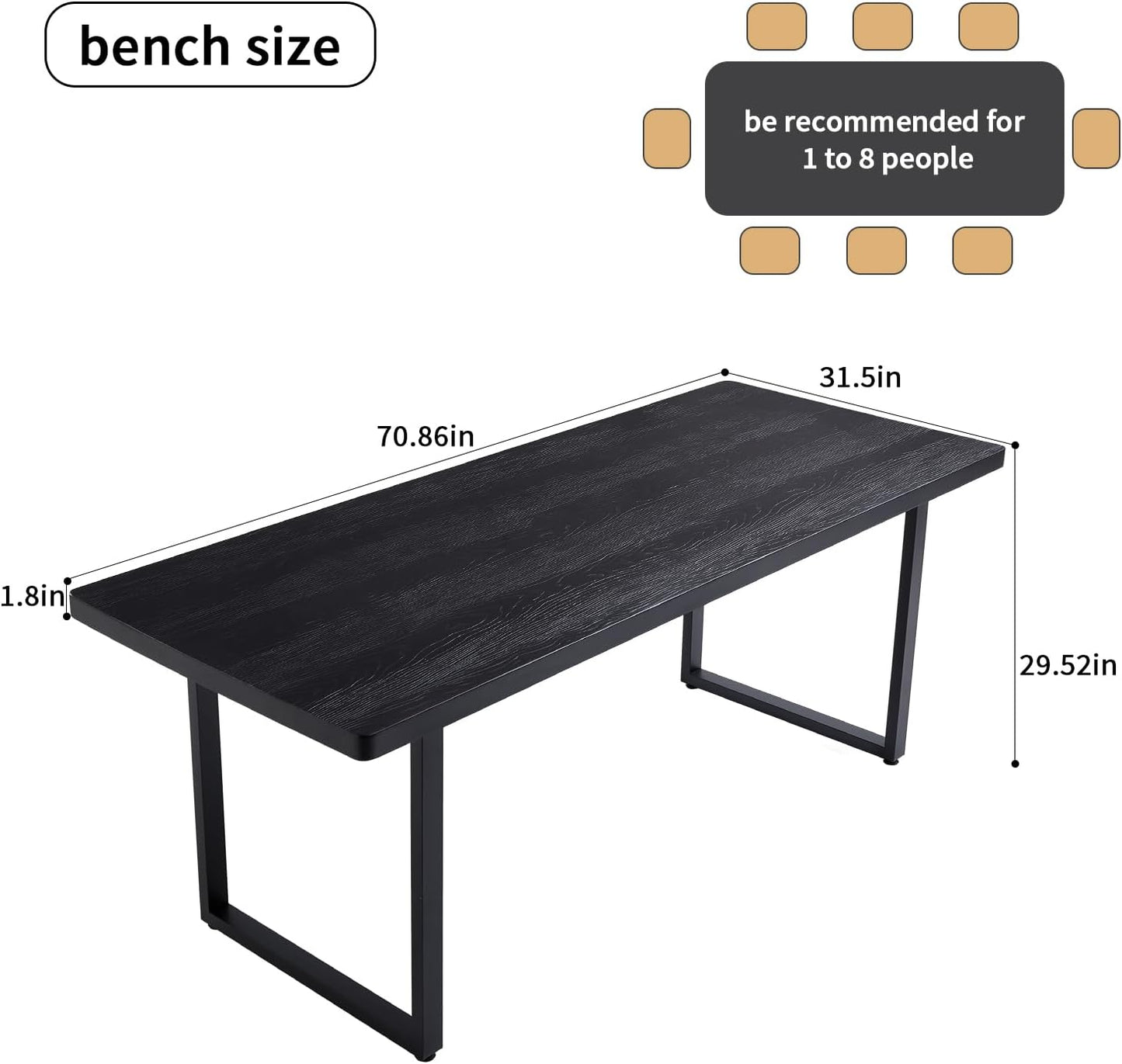 Modern Solid Wood Dining Table with Metal Base Stylish Durable Dining Room Table in Black Multiple Sizes Home Use Office Desk(70.87in)