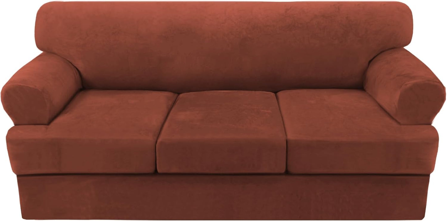 H.VERSAILTEX Sofa Cover 4 Piece T Cushion Sofa Slipcovers Thick Velvet Couch Cover Stretch T Cushion Sofa Covers for 3 Cushion Couch with 3 Individual T Cushion Covers Washable, Rust