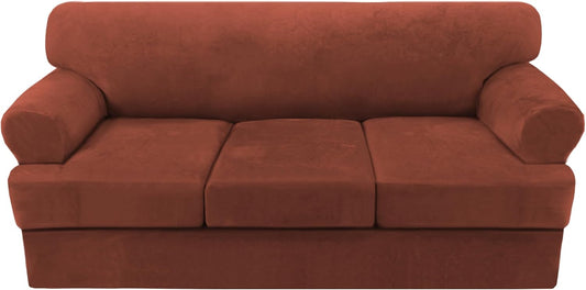 H.VERSAILTEX Sofa Cover 4 Piece T Cushion Sofa Slipcovers Thick Velvet Couch Cover Stretch T Cushion Sofa Covers for 3 Cushion Couch with 3 Individual T Cushion Covers Washable, Rust