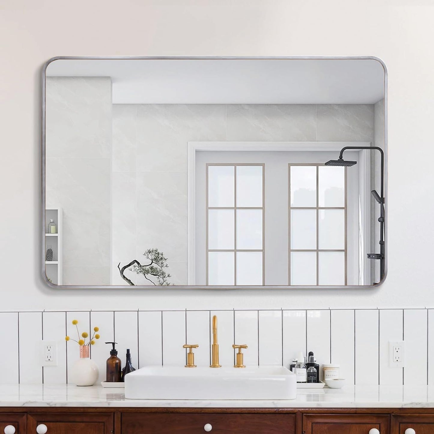 Bathroom Mirror 30x40 inch, Silver Gorgeous Deep Frame Wall Mirror, Modern Round Corner Bathroom Vanity Mirror for Bedroom, Living Room, Hanging or Leaning Horizontal or Vertical, Silver