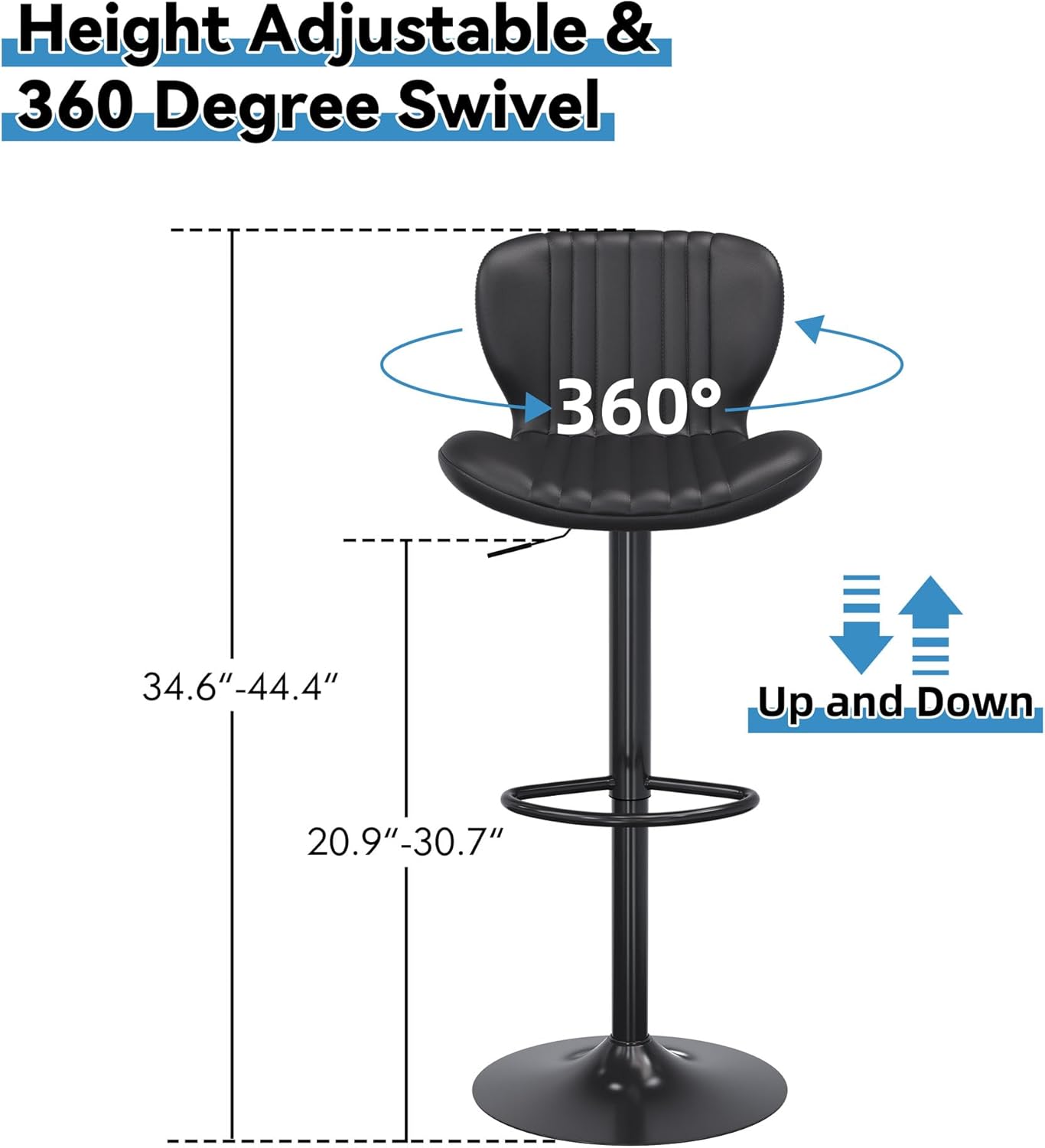 Shintenchi Bar Stools Set of 6 Modern Swivel Bar Chairs, Counter Height Faux Leather Metal Barstools, Upholstered Island Chairs with Back and Footrest, Black