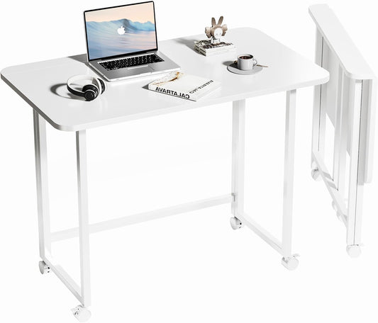 Folding Desk,Not Require Assembly,Small Foldable Desk 31.5" for Small Spaces,Space Saving Computer Table Writing Workstation for Home Office,White