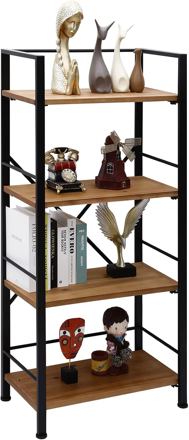Crofy Rustic Bookshelf, 4 Tier Real Wood Bookshelf, Metal Book Shelf for Storage, Black Bookcase, 12.6" D x 23.62" W x 50.39" H