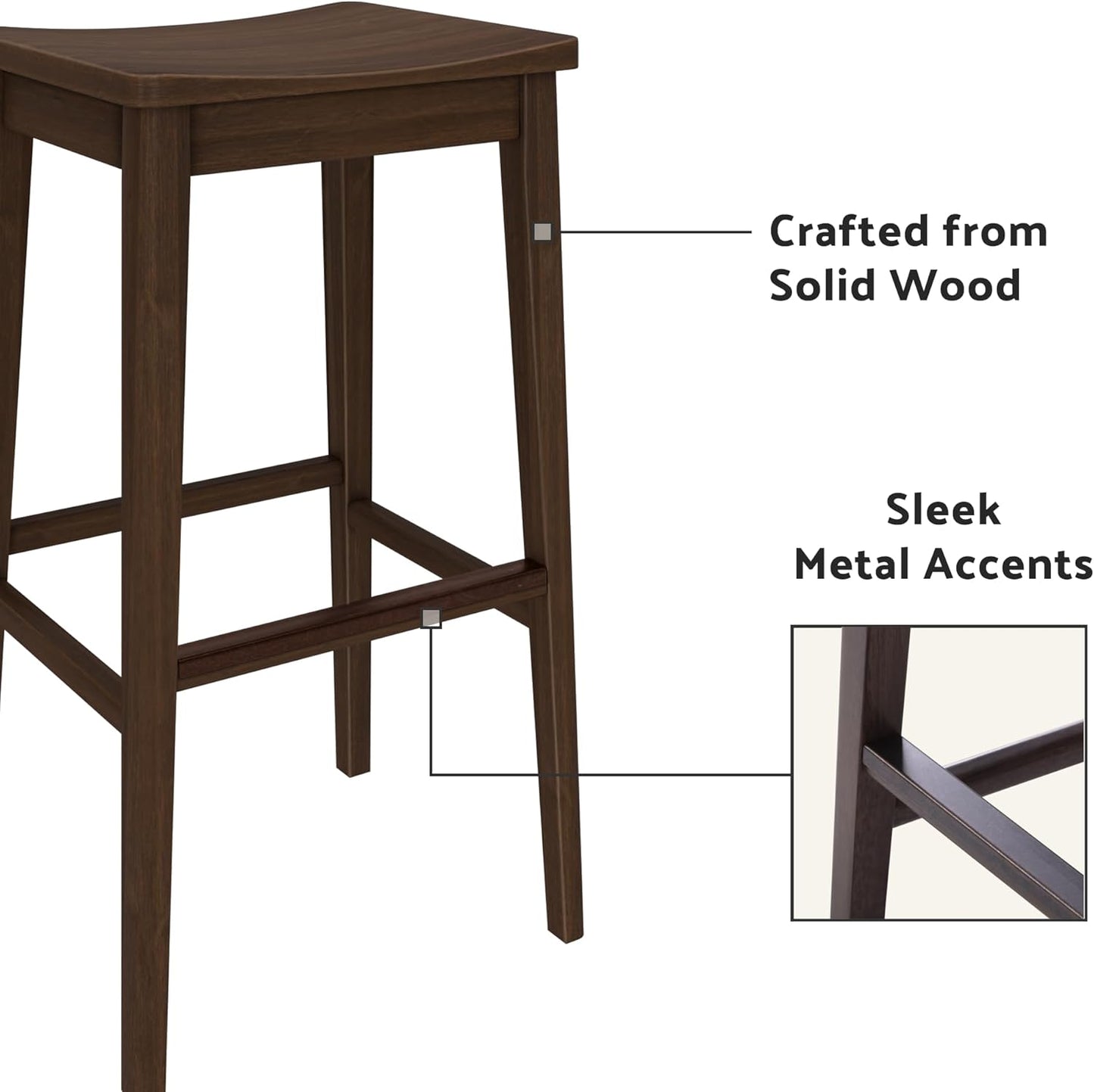 Plank+Beam Smythe Bar Stool, 30", Set of 2, Sturdy Wood Modern Kitchen Counter Height Stool, Saddle Seat Backless Counter Chair, Metal Footrest, Walnut