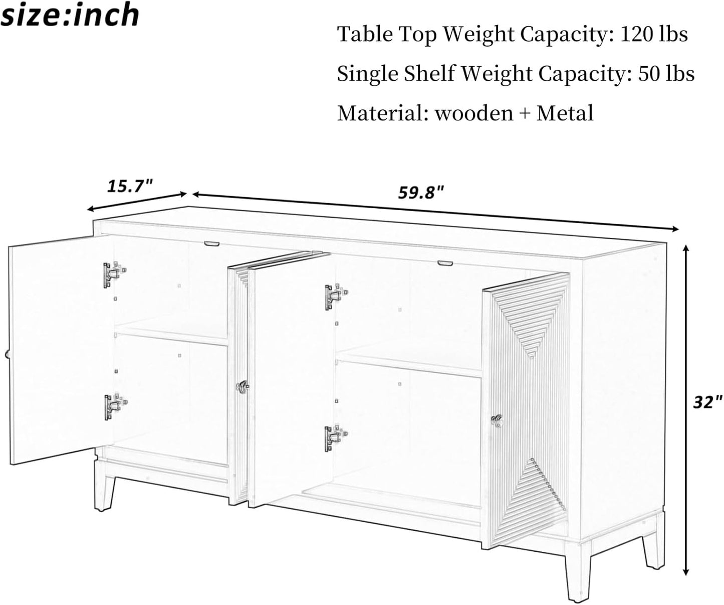 Merax 60" Sideboard Buffet Storage Cabinet with 4 Doors and Adjustable Shelves, Modern Wooden Accent Fluted Credenza Console Table for Kitchen, Dining, Living Room, Coffee Bar, Entryway, Navy Blue