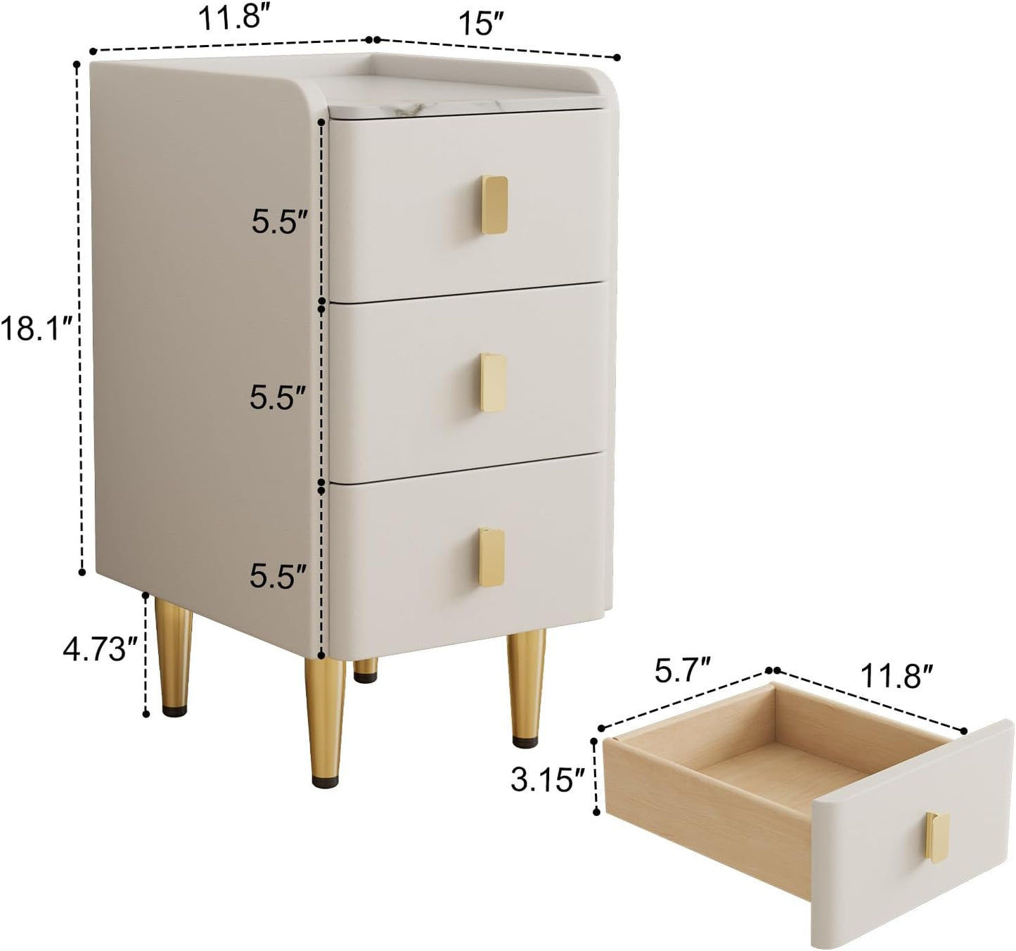 Narrow Nightstand with Drawers, Narrow Side Table Leather, Small Bedside Tables for Bedroom. (White)