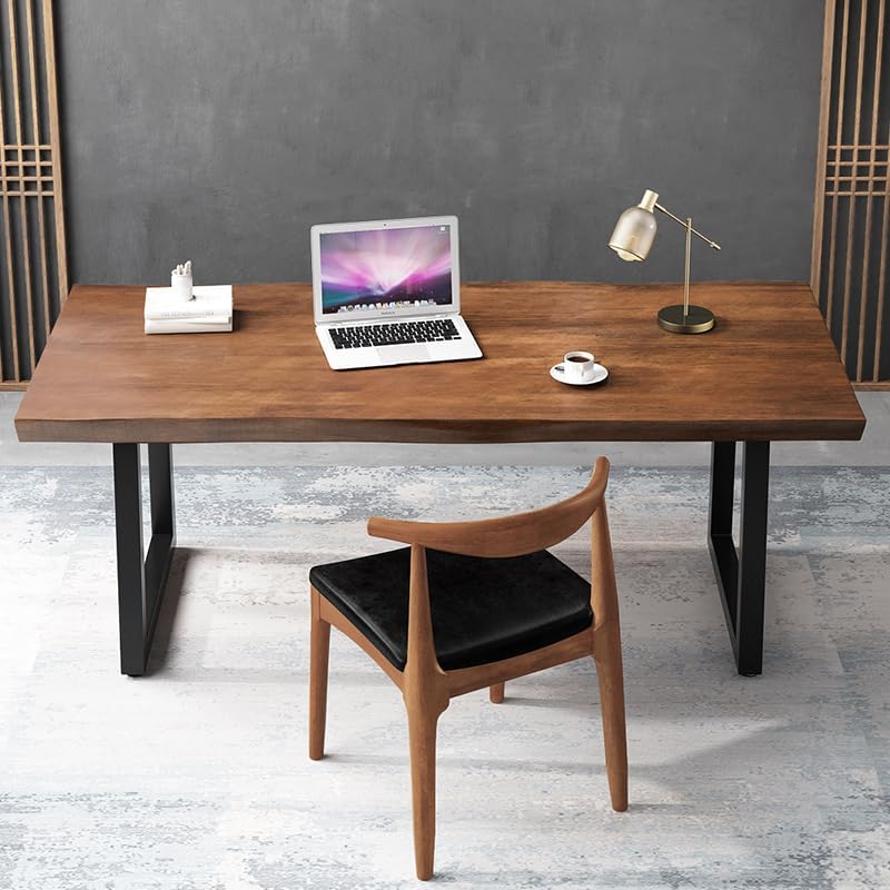 Modern Minimalist Solid Wood Office Desk with Metal Base Easy to Assemble Durable Writing Table Dining Table Computer Desk Multiple Ideal for Living Room and Dining Room (55inch)