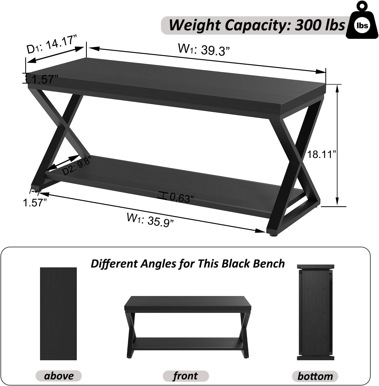 IBF Black Bench for Entryway, Black Modern Wood Bench for Bedroom Hallway Foyer, Farmhouse Entry Way Home Organizer Shoe Bench Seat with Storage Rack Indoor Under Window, 39 Inch Long