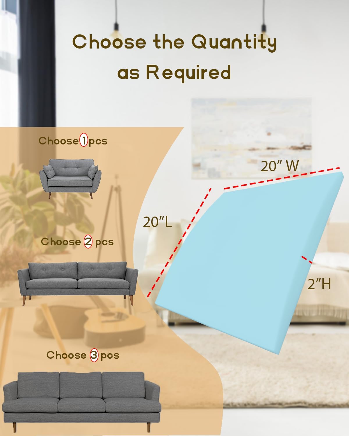 Couch Cushion Support, 20" x 20" Sofa Cushion Support for Sagging Seat, High Density Replacement Foam Insert for Sagging Couches, Loveseat, Furniture (Blue-3 pcs)