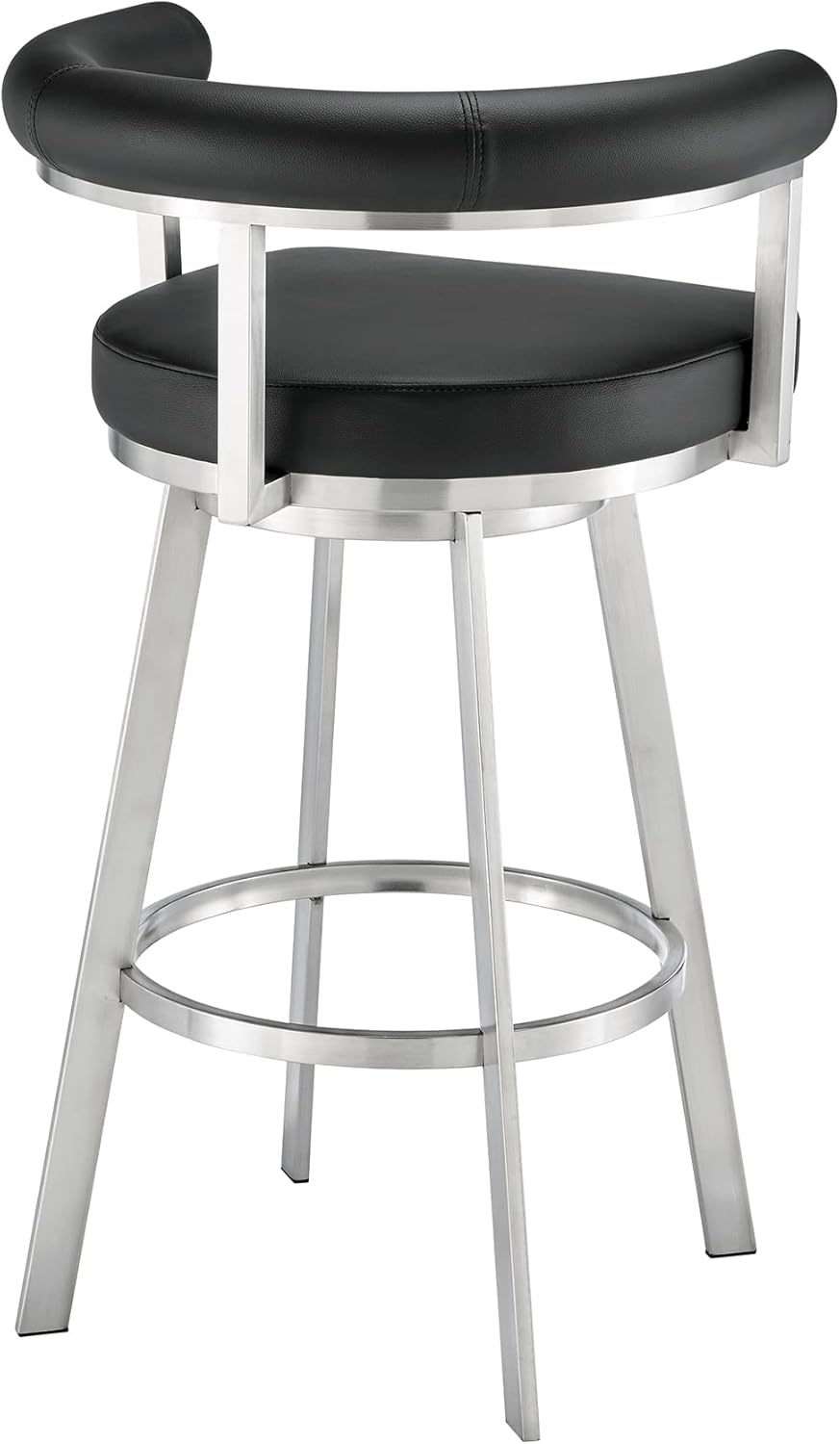 Armen Living Magnolia Swivel Bar Stool in Brushed Stainless Steel with Black Faux Leather