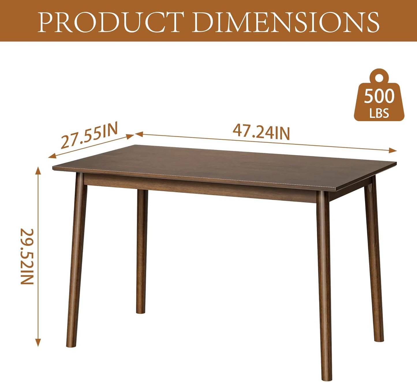 100% Solid Wood Rectangular Dining Table - 47.2" Mid Century Modern Kitchen Table, Wooden Dining Tables Seats 2-4 People，Small Farmhouse Rectangle Desk for Dining Room, Kitchen, Living Room (Walnut)
