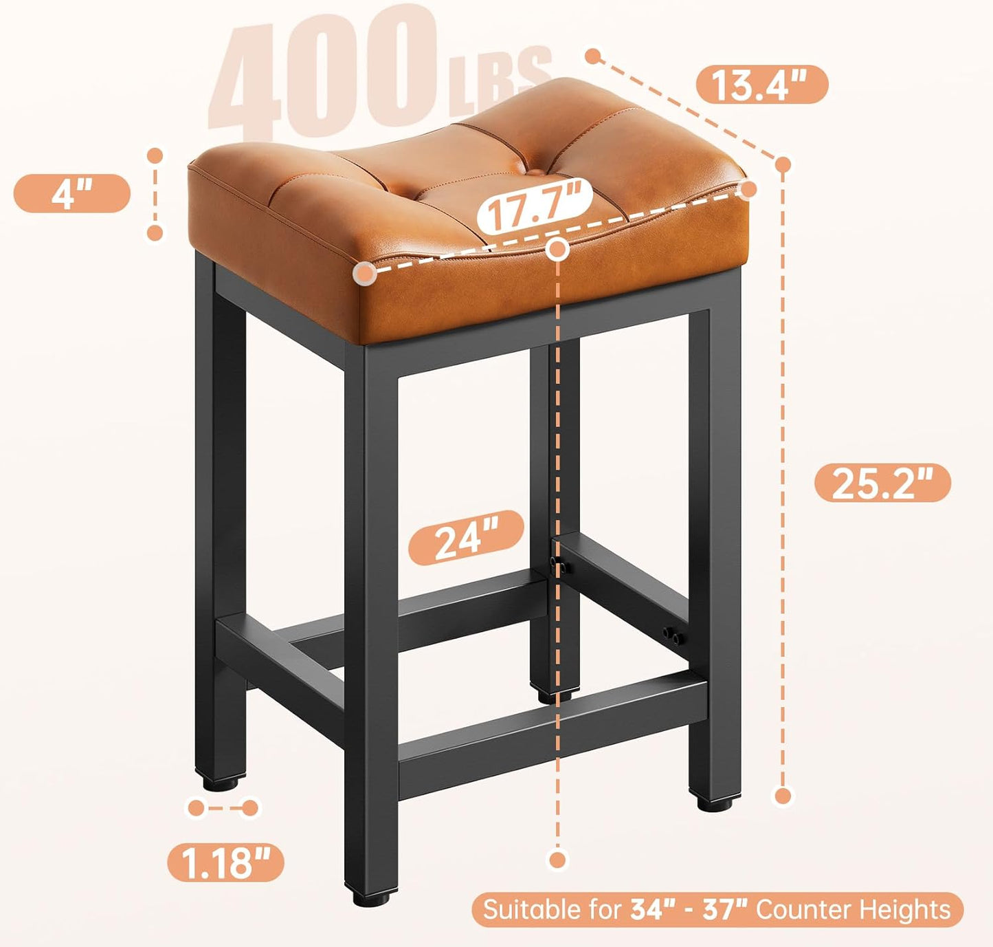 Dripex Backless Saddle Bar Stools Set of 3, Modern Faux Leather 24'' Counter Height Barstools with 4" Thick Seats & Heavy Duty Metal Legs, for Kitchen Island, Bar, Dining Room, Brown