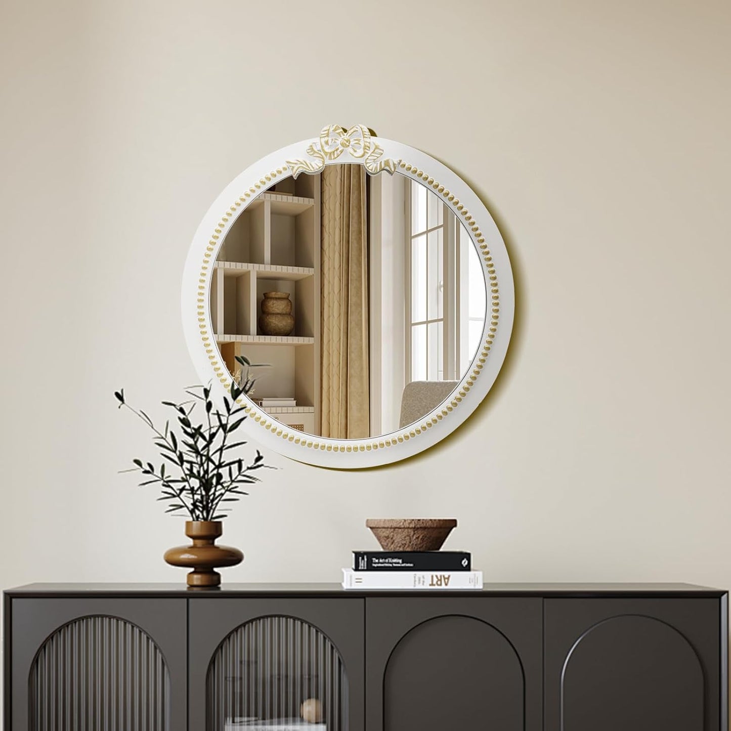 Vintage Round Wall Mirror 23.6inch Farmhouse Wooden Vanity Mirror for Wall Decor, Decorative Antique White Bathroom Mirrors, Traditional Art Home Bow Decor for Dressing Table, Living Room or Bedroom