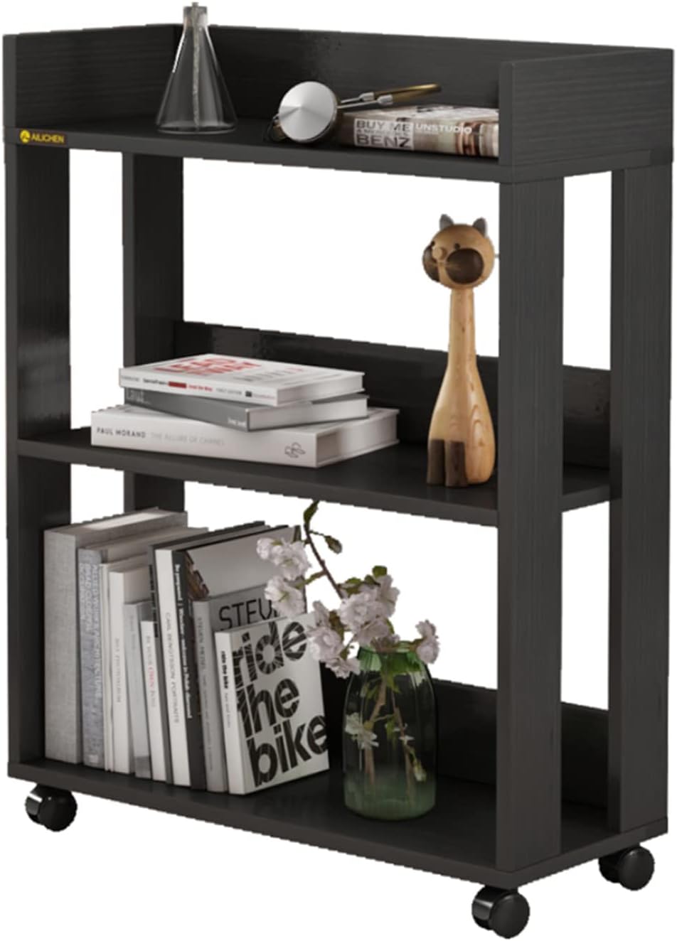 ALISENED Small Bookshelf and Bookcase, 3 Tier Wood Nightstand with Wheels, Modern Bedside End Table with Storage Rack for Bedroom, Library, Living Room, Home, Office Cart, Black