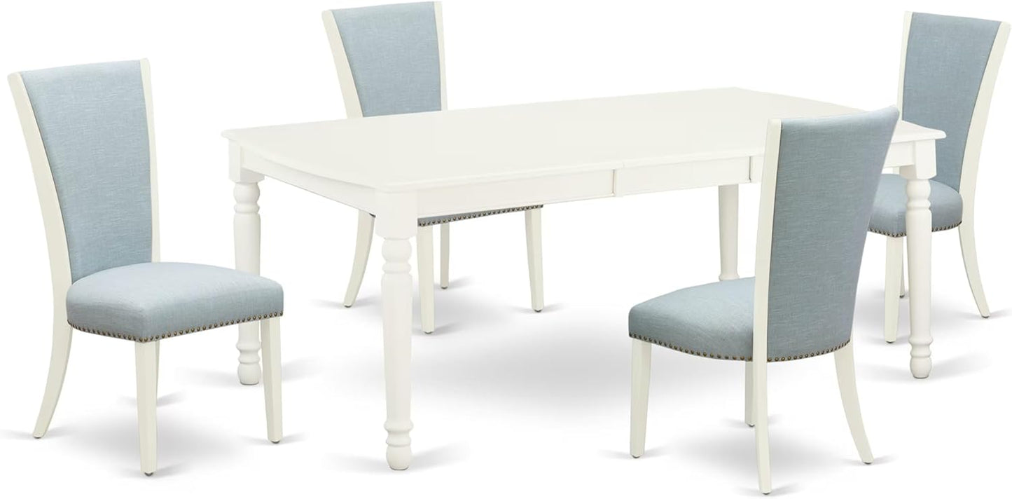 East West Furniture DOVE5-LWH-15 5 Piece Dining Table Set Includes a Rectangle Kitchen Table with Butterfly Leaf and 4 Baby Blue Linen Fabric Upholstered Chairs, 42x78 Inch, Linen White