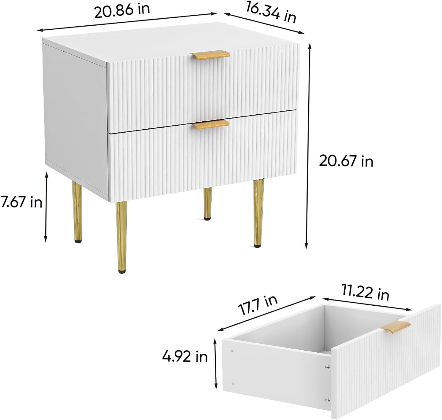 White Nightstand for Bedroom, Fluted Night Stand, End Table for Living Room, Mid Century Modern Bedside Table with Drawers, Bed Side Table with Gold Metal Legs, Bedroom Furniture Stripe