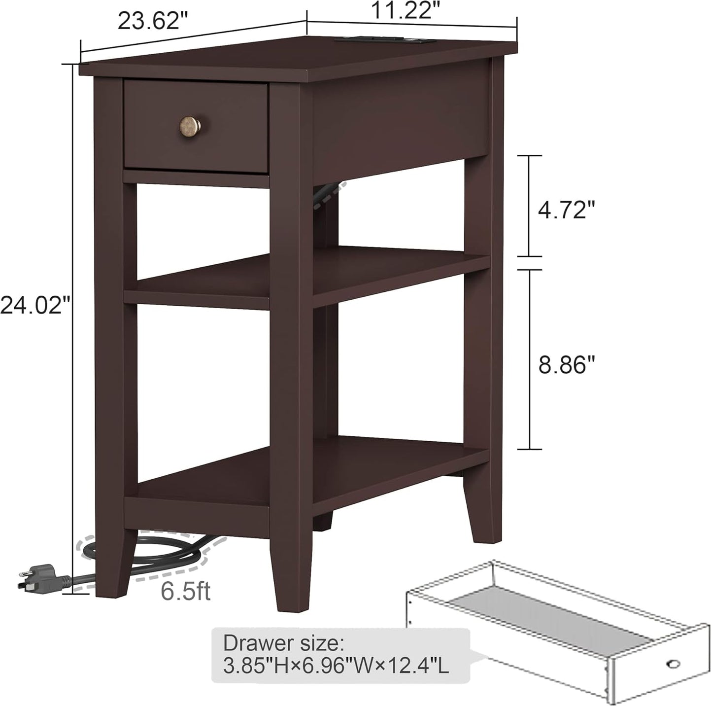 ChooChoo Narrow End Table with Charging Station, Side Table Living Room with USB Ports & Power Outlets and Hidden Drawer, 3-Tier Skinny Nightstand with 2 Open Storage Shelves For Small Place(Espresso)