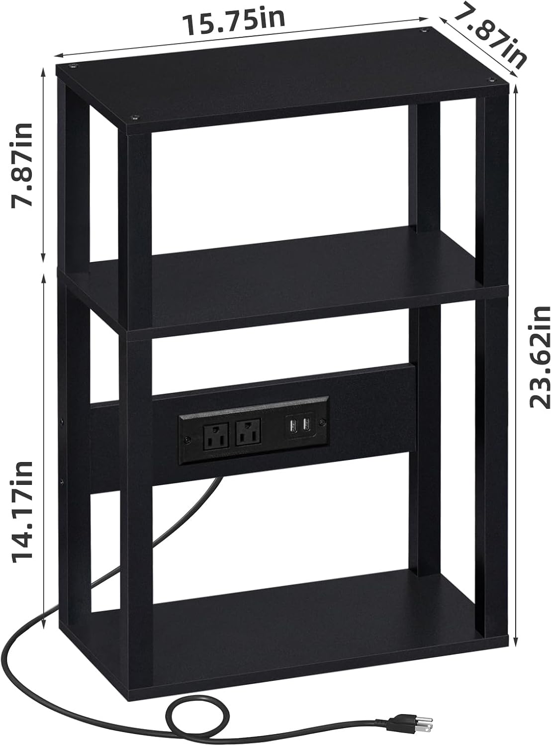 3-Tier Small Narrow Wood Side Table Set of 2 with Charging Station - Skinny Nightstand for Small Spaces, Slim Bedside Table with USB Ports and Outlets - Thin End Table with Storage, Black