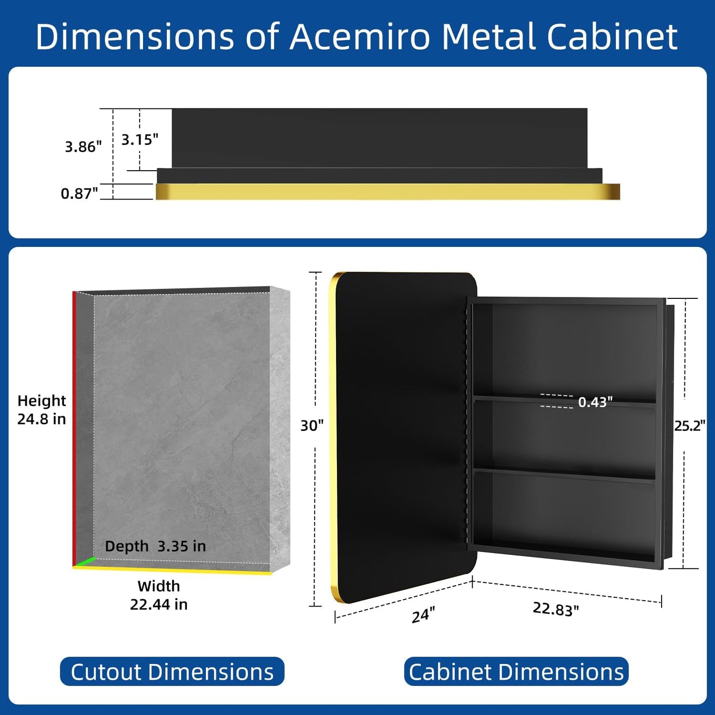 24x30 Inch Bathroom Medicine Cabinet with Mirror Gold Metal Framed Recessed or Surface Wall Mounted Mirrored Medicine Cabinets for Bathroom