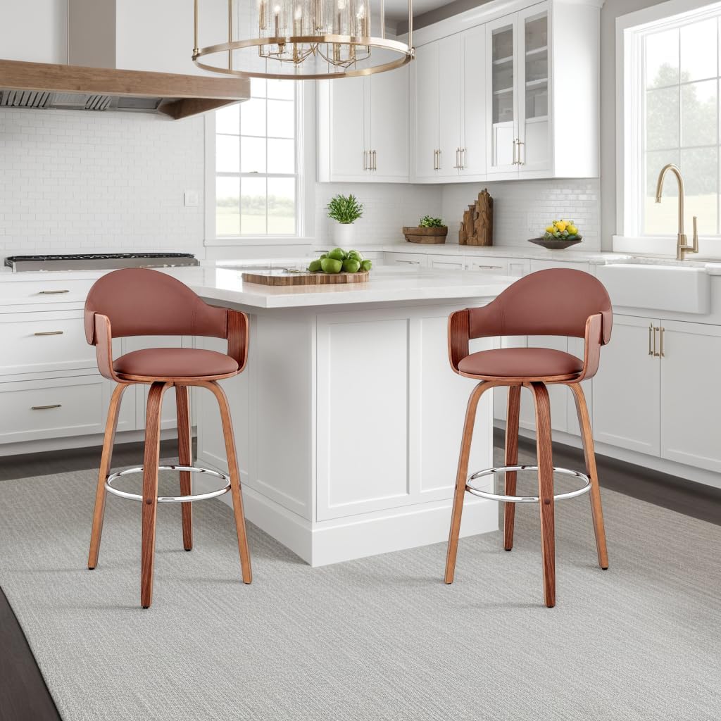 Armen Living Daxton Mid Century Modern Swivel Bar Stool for Kitchen Island Counter in Brown Faux Leather and Walnut Wood, 26" Seat Height