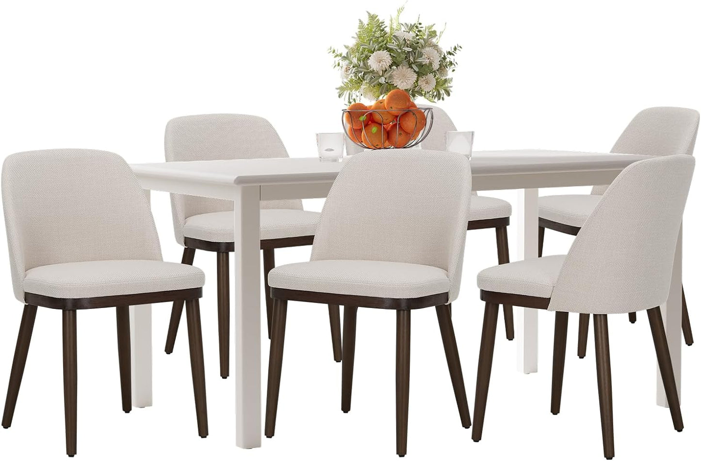 COLAMY 60 Inch Rectangular Kitchen Dining Table for 6, Modern Farmhouse Dining Table Set for 6, Wood Dining Table and Upholstered Dining Chairs for Kitchen, Dining Room, Restaurant, White/Beige