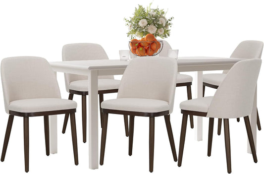COLAMY 60 Inch Rectangular Kitchen Dining Table for 6, Modern Farmhouse Dining Table Set for 6, Wood Dining Table and Upholstered Dining Chairs for Kitchen, Dining Room, Restaurant, White/Beige