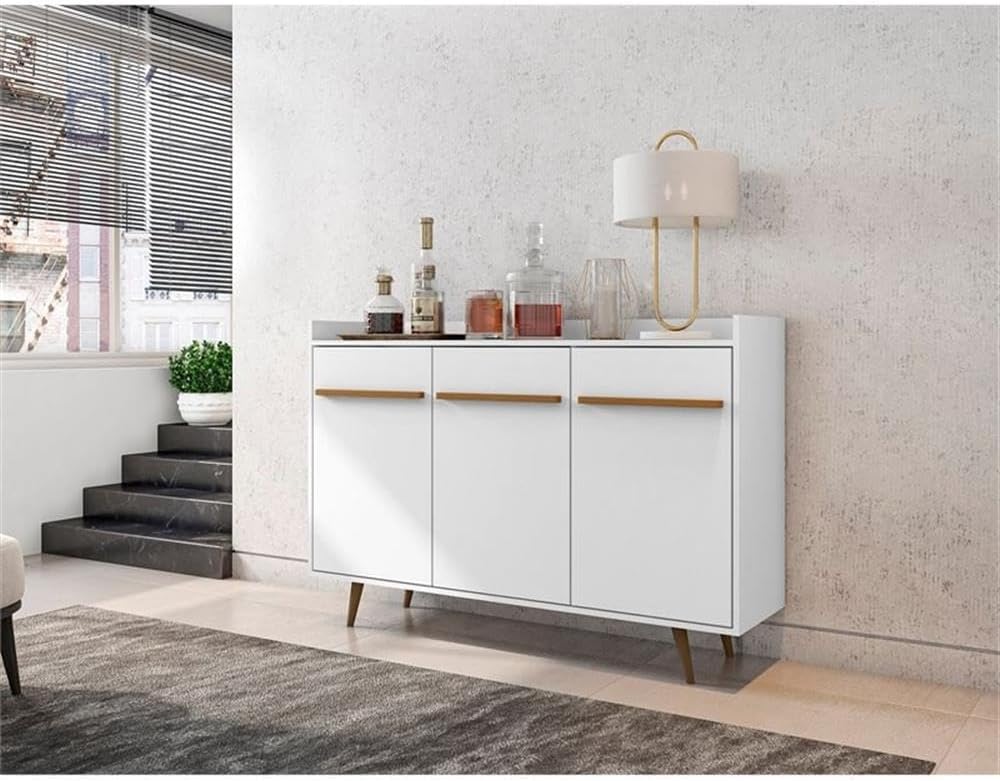 Manhattan Comfort Bradley Buffet Cabinet with Storage, Mid Century Modern Sideboard with 4 Shelves and Soft Close Doors, TV Stand Media Console for up to 50" Screens, 53.54" Long, White