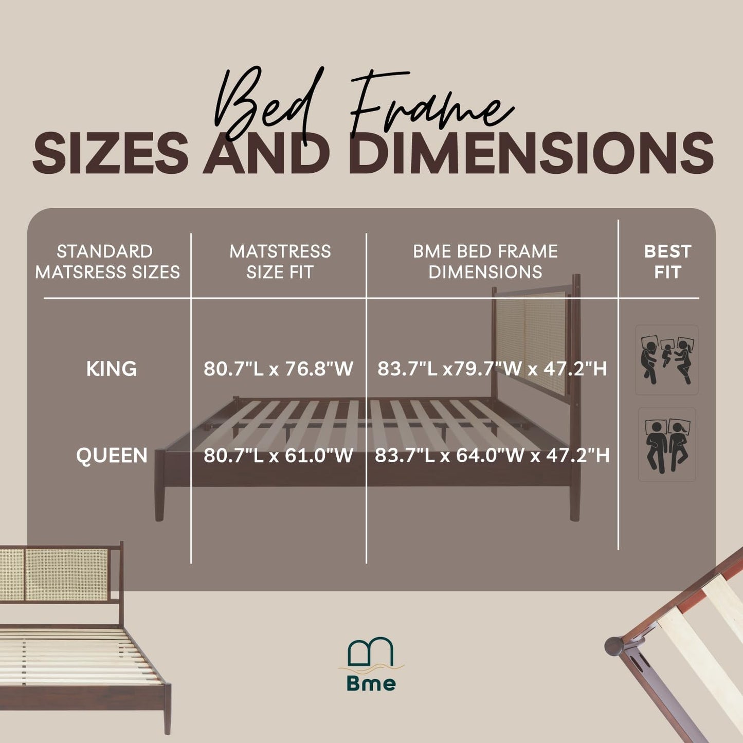 Bme Oliver Headboard Queen Size Bed Frame - 15-Inch Signature Design with Rattan Headboard, Bohemian and Mid Century Style, 12-Slat Wood Support, No Box Spring Needed - Easy Assembly, Walnut