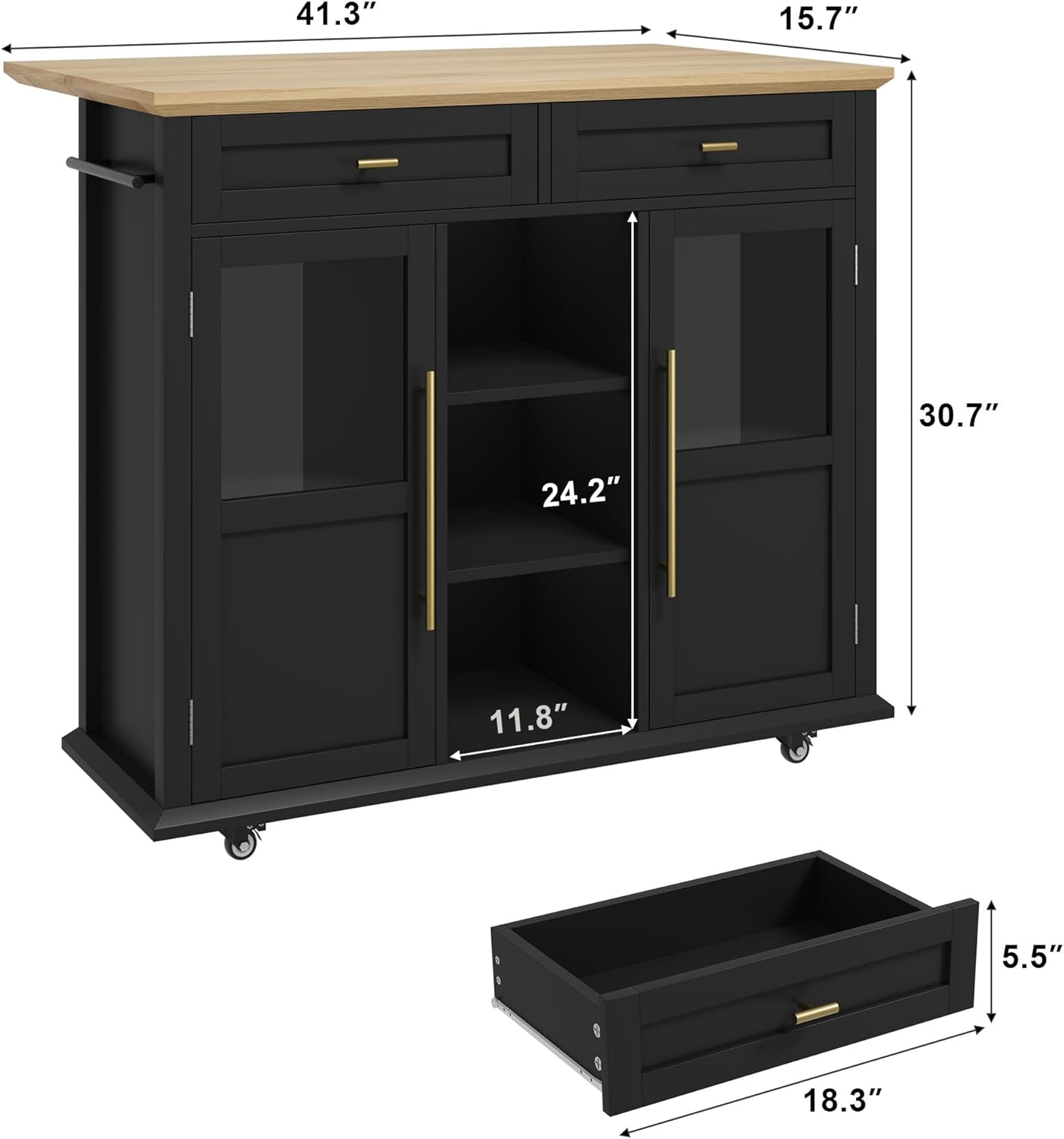Mobile Modern Storage Island,Rolling Kitchen Island with Drop Leaf - Door Cabinet, Drawer, Bar Cart with Cabinet, Portable Cart Island Table for Kitchen, Black