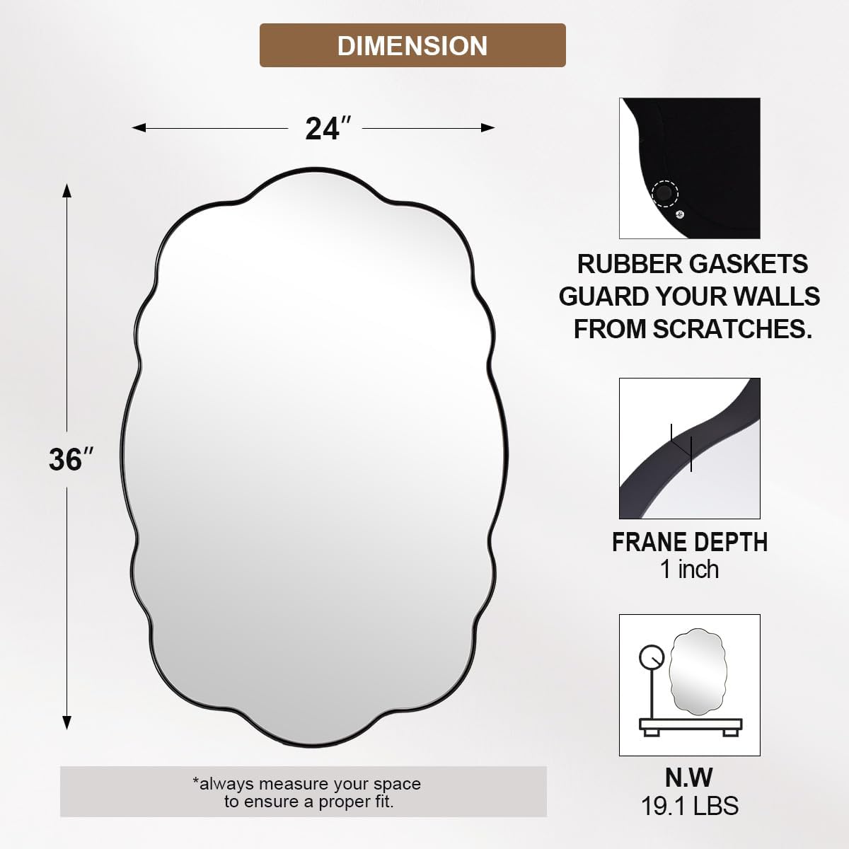 ANDY STAR Matte Black Scalloped Wall Mirror -24x36 Irregular Bathroom Vanity Mirror for Vanity, Living Room & Entryway, Anti Rust Stainless Steel Wall Mount Horizontal or Vertical