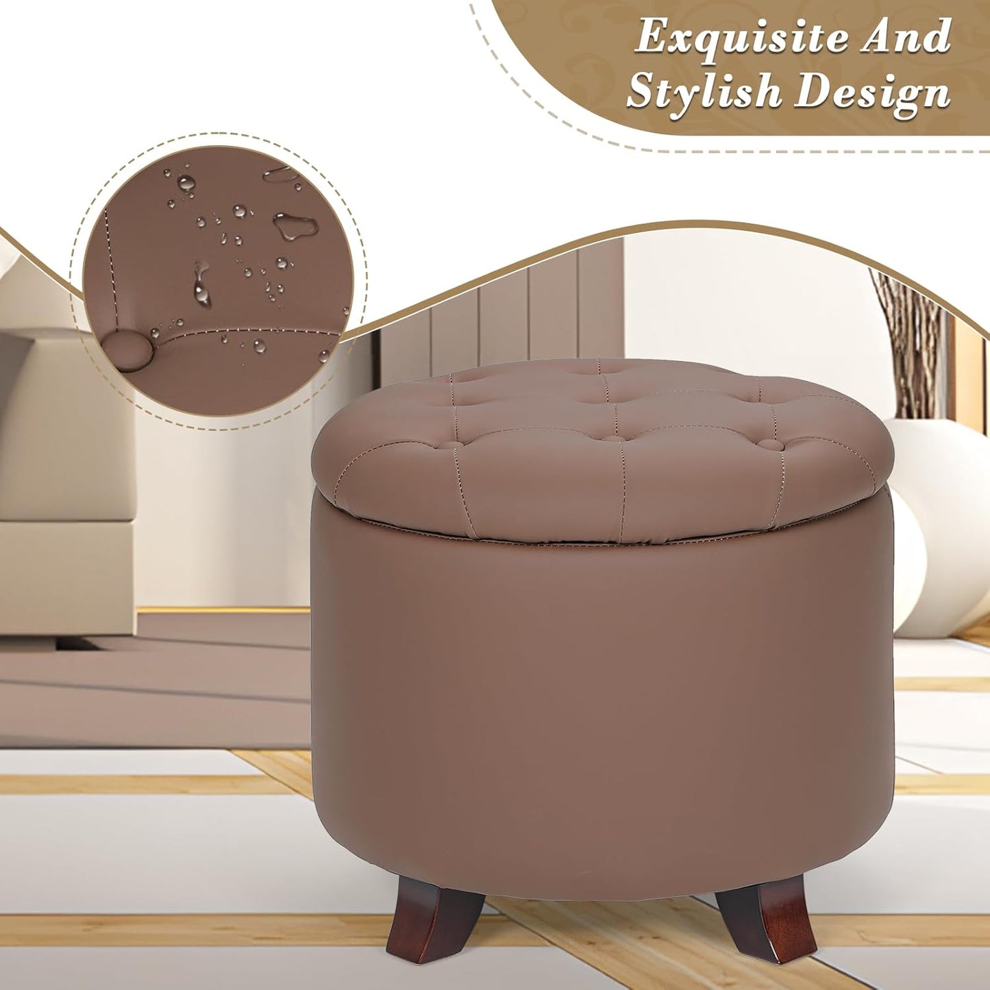 Athena Collection 20 Inch Small Ottoman with Storage, Round PU Leather Storage Ottoman with Removable Lid, Stylish Footstool Foot Rest for Living Room, Bedroom, Dorm, Brown