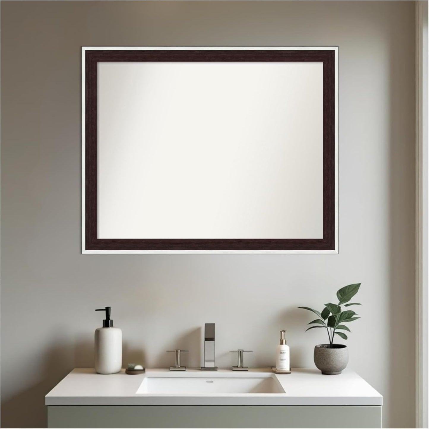 Amanti Art Bathroom Mirror for Over Sink, 25x31 Maya Espresso Silver Rectangle Vanity Mirror, Large Modern Contemporary Frame, Hangs Horizonally and Vertically, Bathroom Wall Decor, Non-Beveled Edge