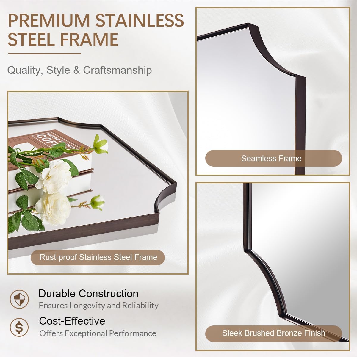 ANDY STAR Brushed Bronze Bathroom Mirror, 24x36 Inch Scalloped Mirror for Bathroom, Antique Bronze Rectangular Mirror with Premium Stainless Steel Metal Frame, Thin Frame Deep 1"