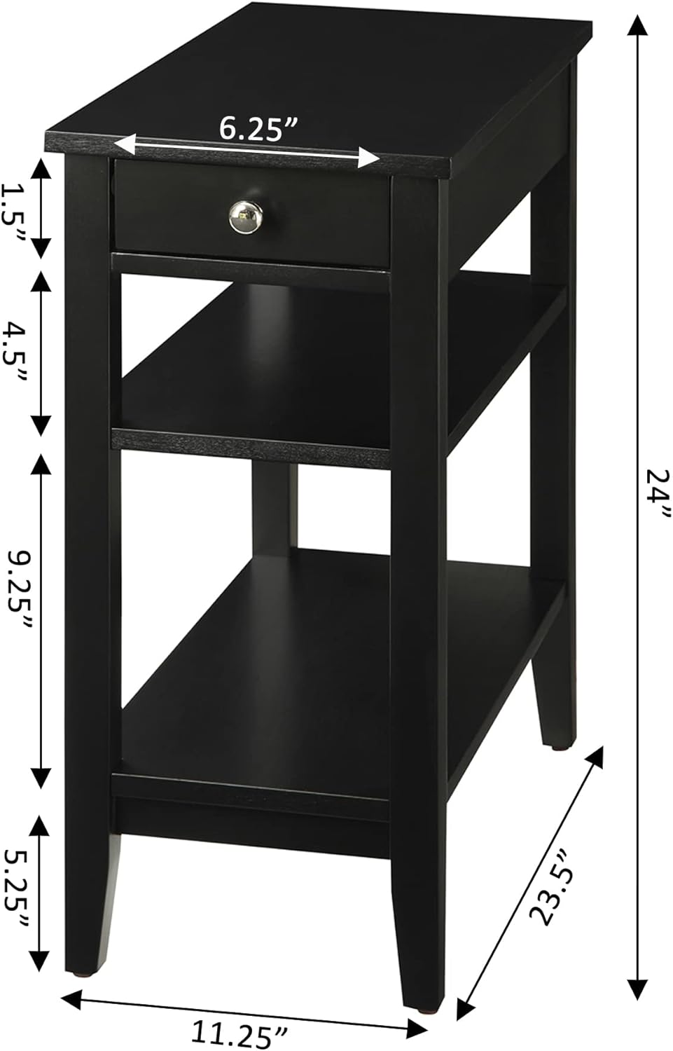 Convenience Concepts American Heritage Chairside End Table with Drawer 23.5" - Classic Living Room Table with Storage Shelf, Bedroom Nightstand, Black