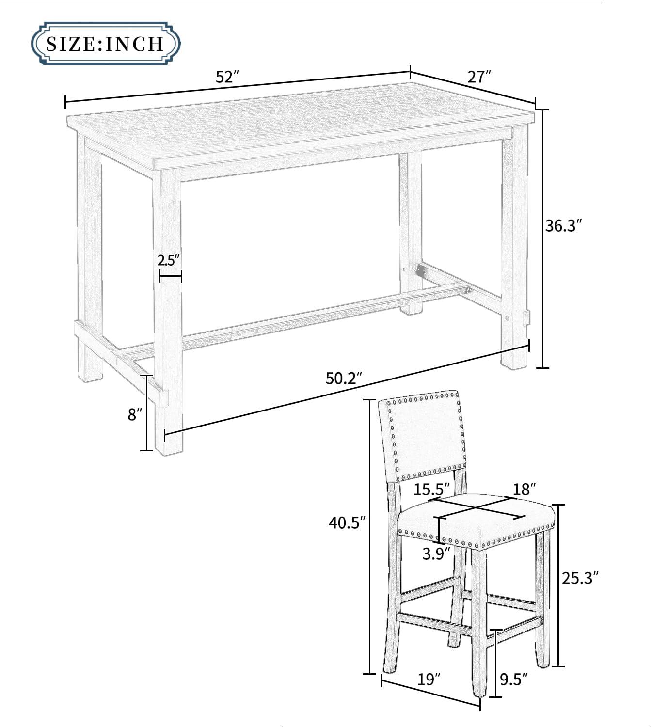 Ball & Cast 5 Piece Wood Dining Table Set with 4 Upholstered Chairs,Kitchen Table and Chairs for 4 W/ 52" Rectangle Desk,for Restaurant,Home Bistro,Natural Wood Wash