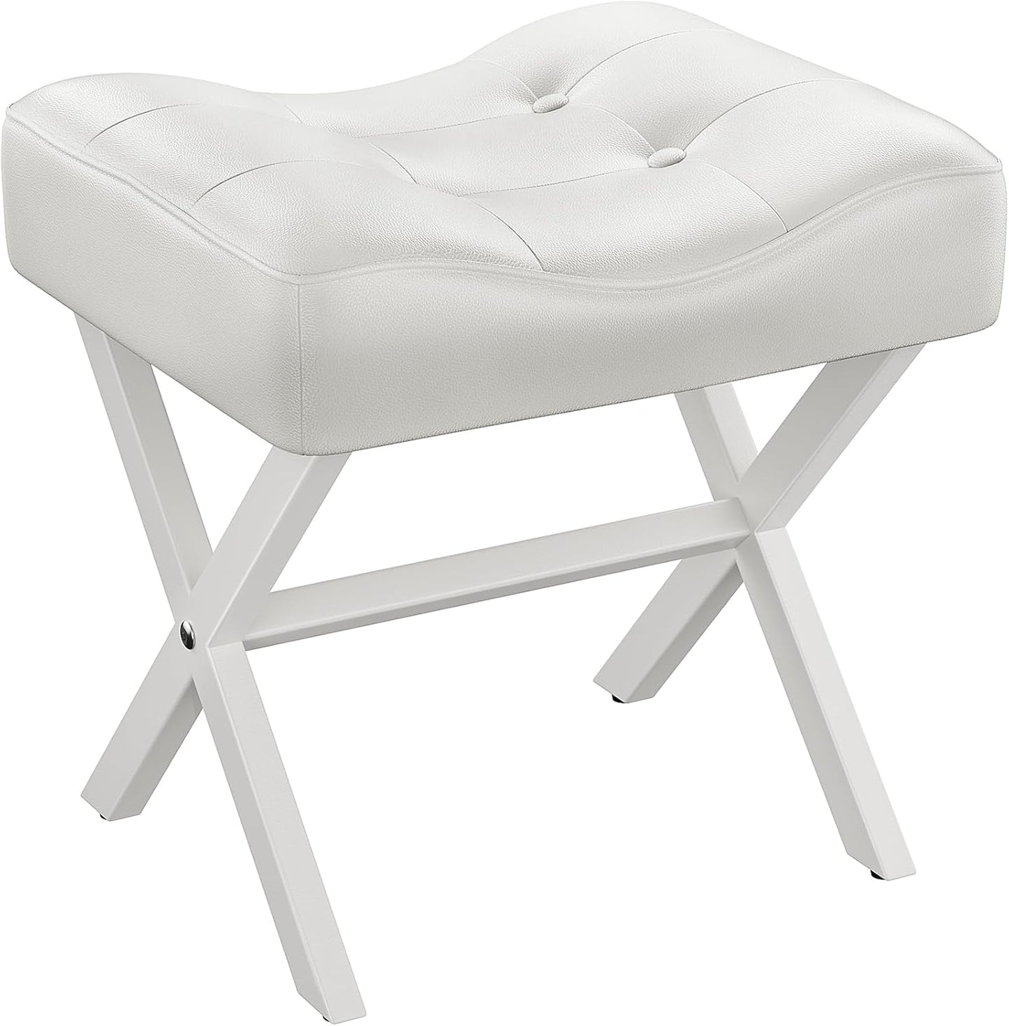 18-Inch Large Leather Vanity Stool, Vanity Chair with Metal X-Leg, Ottoman Foot Stool with Thick Padded Saddle Seat, White