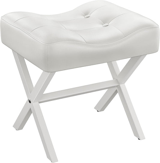 18-Inch Large Leather Vanity Stool, Vanity Chair with Metal X-Leg, Ottoman Foot Stool with Thick Padded Saddle Seat, White